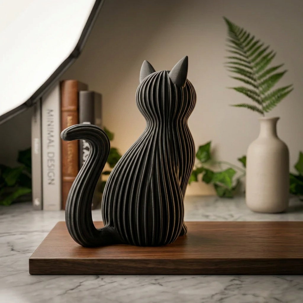 Chat assis cannelé - Sculpture décorative